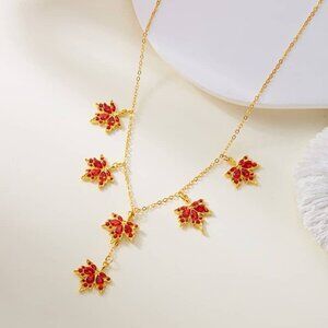 🍁 Autumn Red Maple Leaf Necklace ✨ Boho Fall Sweater Chain Jewelry